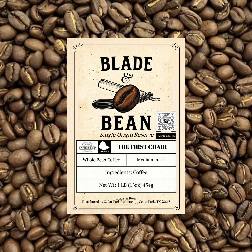 Coffee bean label for 'Blade & Bean' on a background of coffee beans