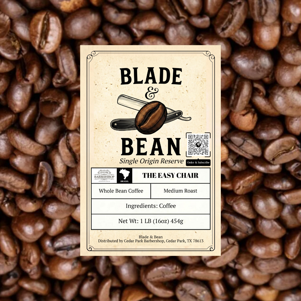 Coffee label for 'Blade & Bean' on a background of coffee beans