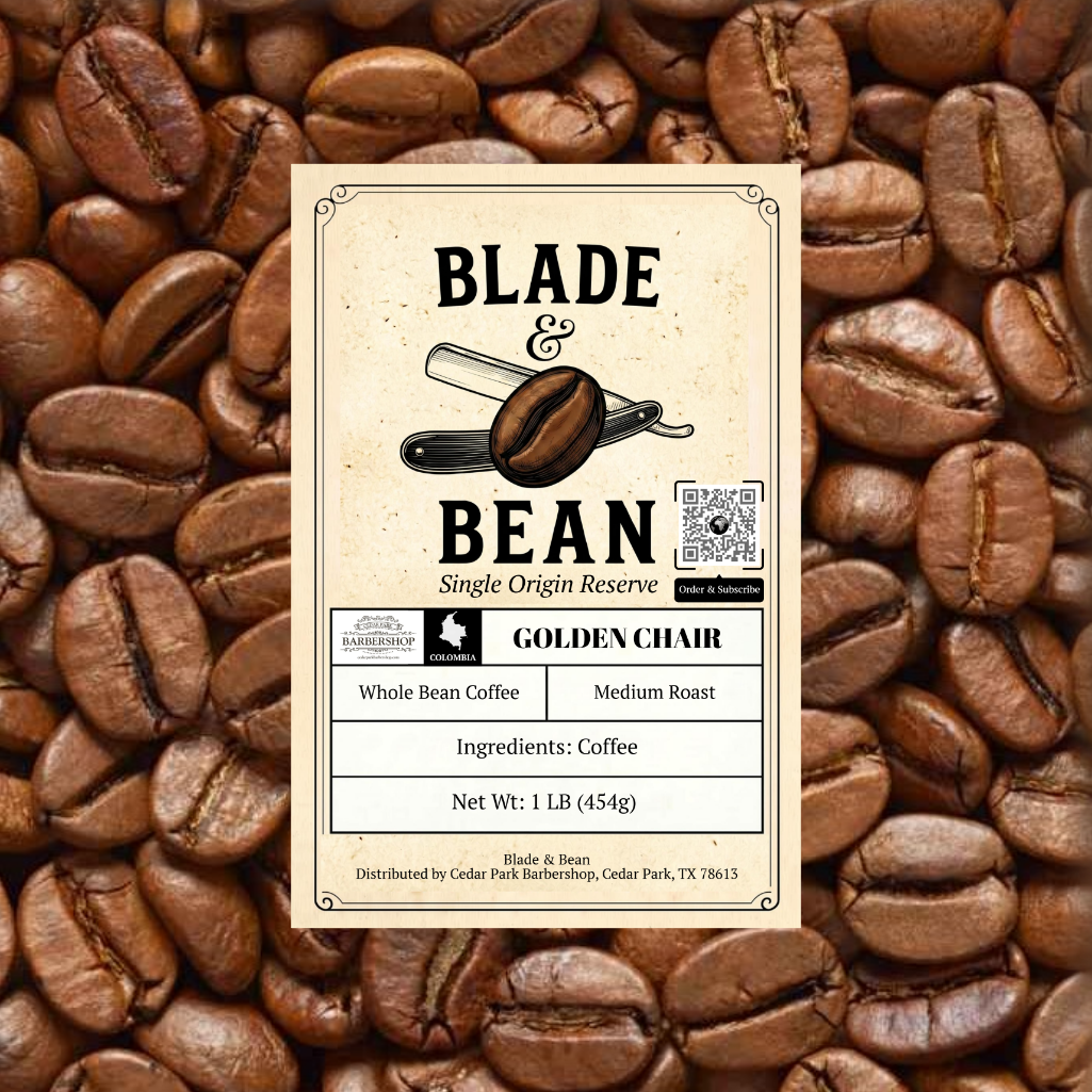 Coffee bean label for 'Blade & Bean' on a background of coffee beans