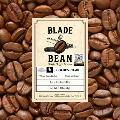 Coffee bean label for 'Blade & Bean' on a background of coffee beans
