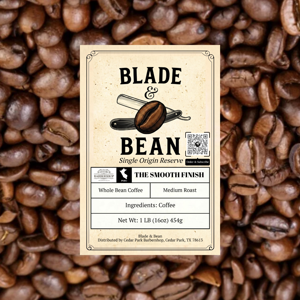 Coffee label for 'Blade & Bean' on a background of coffee beans