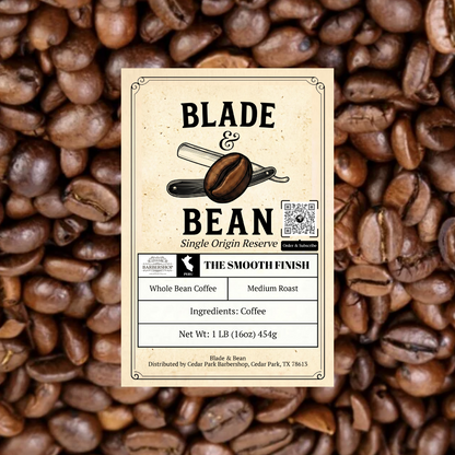 Coffee label for 'Blade & Bean' on a background of coffee beans