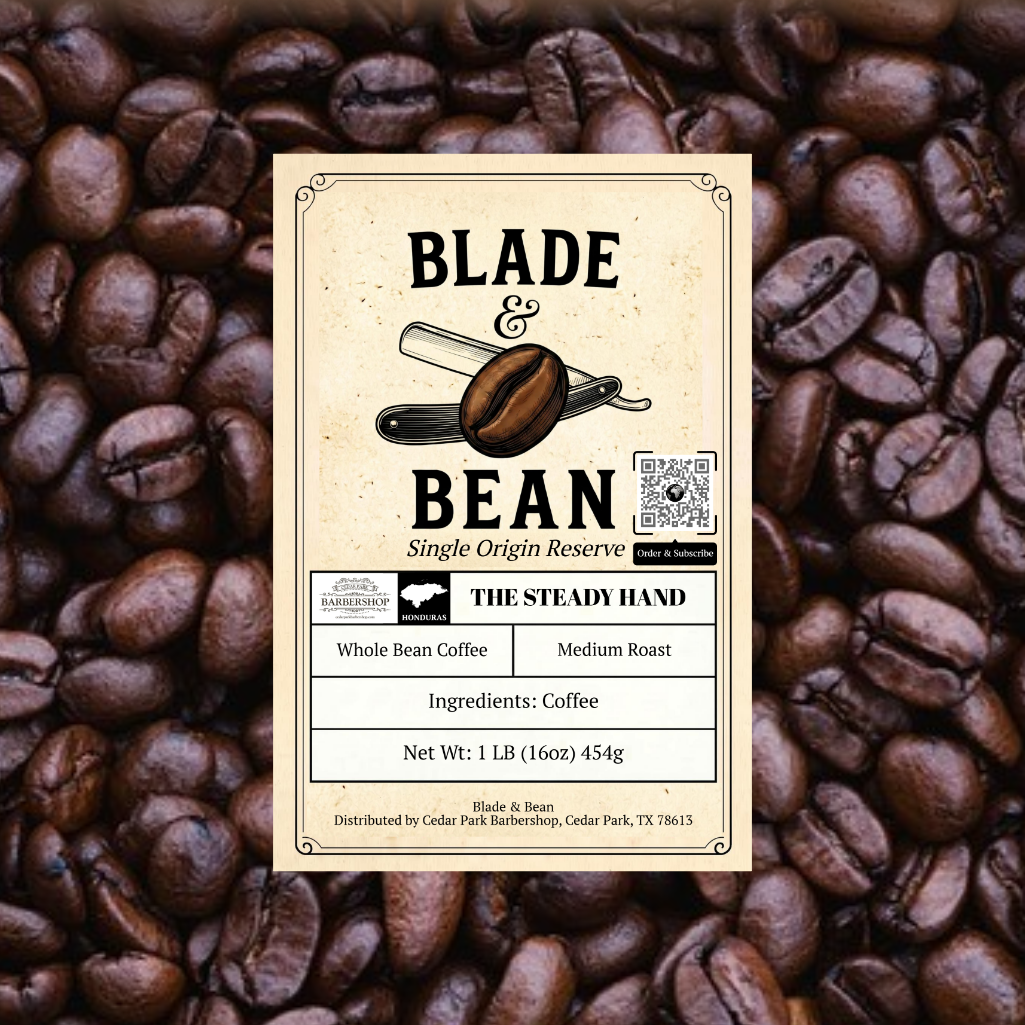 Coffee bean label for 'Blade & Bean' on a background of coffee beans