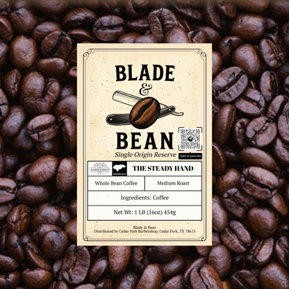 Coffee bean label for 'Blade & Bean' on a background of coffee beans