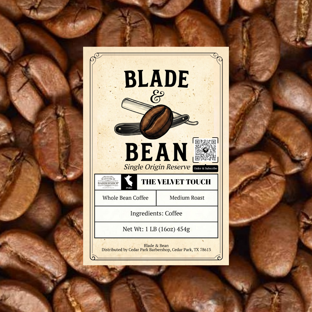 Coffee bean label for 'Blade & Bean' on a background of coffee beans