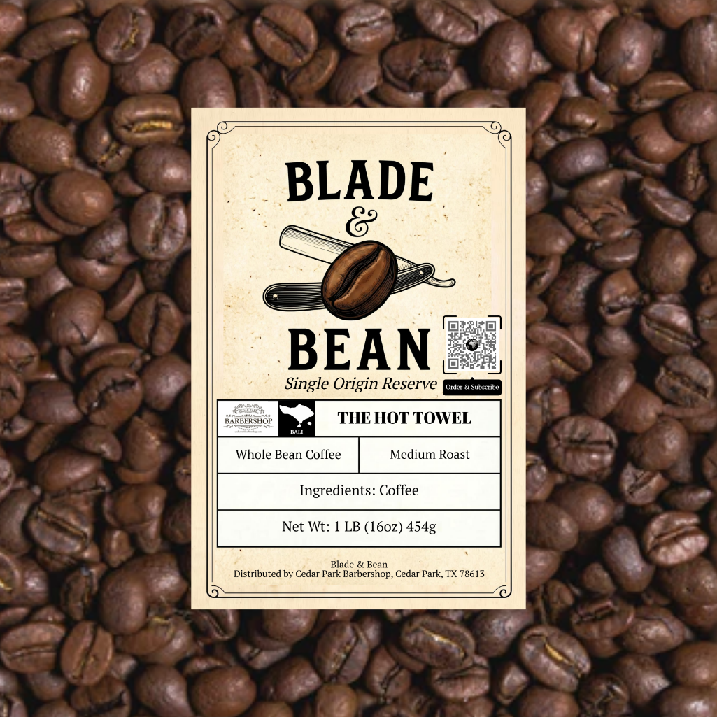 Label for Blade & Bean coffee on a background of coffee beans