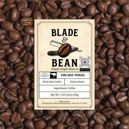 Label for Blade & Bean coffee on a background of coffee beans