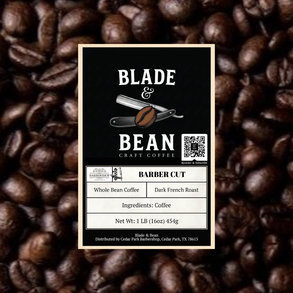 Coffee label with 'Blade & Bean' branding on a background of coffee beans