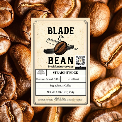 Blade & Bean coffee label on a background of light roast coffee beans