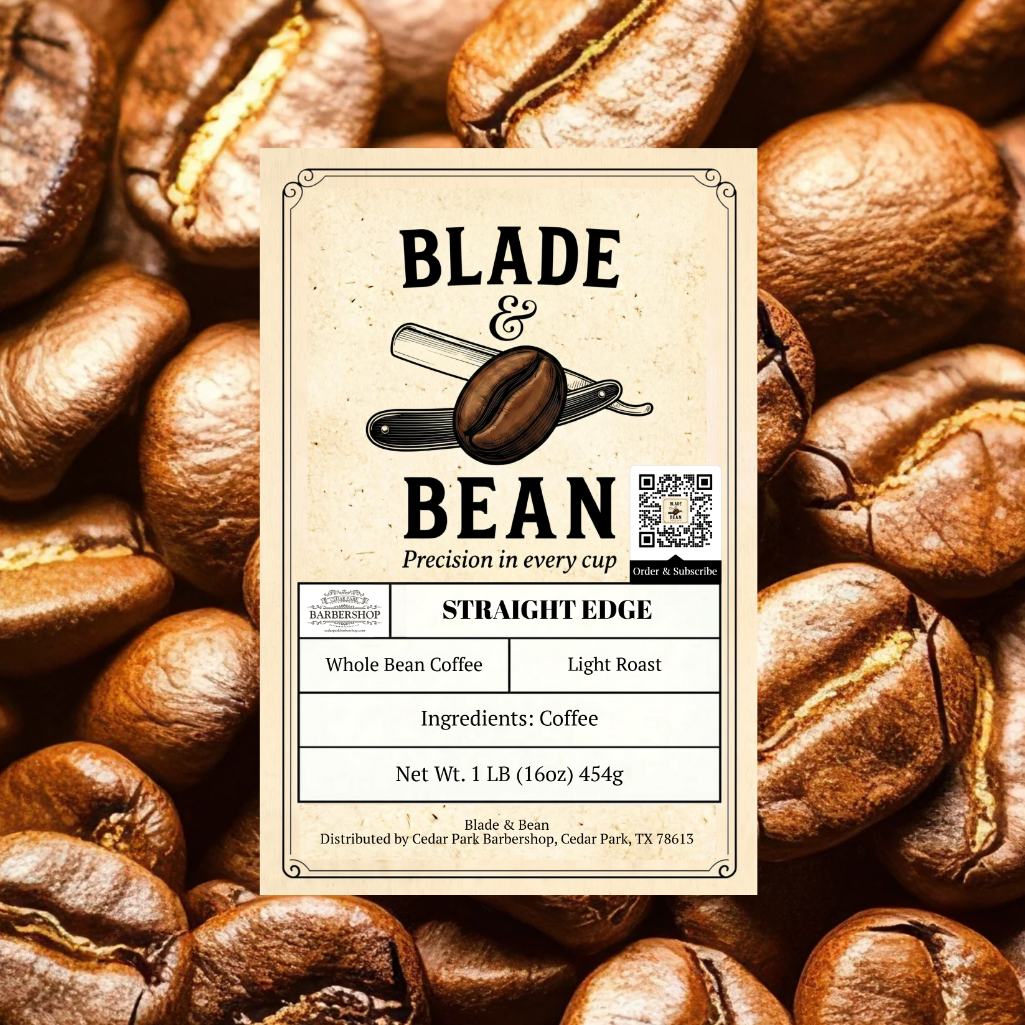 Blade & Bean coffee label on a background of light roast coffee beans