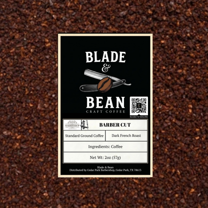 A rectangular coffee label centered on a background of dark coffee beans. The label reads BLADE & BEAN CRAFT COFFEE and Barber Cut, with product details including standard ground coffee, dark french roast, ingredients: coffee, and net wt 2 oz (57g).