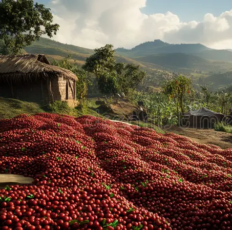 Red berries or African coffee spread out on the ground with a rustic hut and mountainous landscape in the background on a coffee farm.