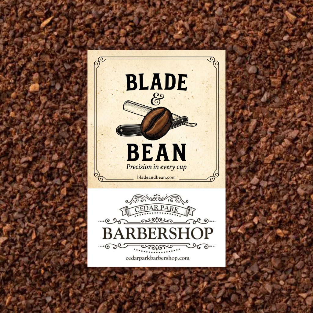 Two business cards on a textured brown surface, one for 'Blade & Bean' and one for 'Cedar Park Barbershop'.