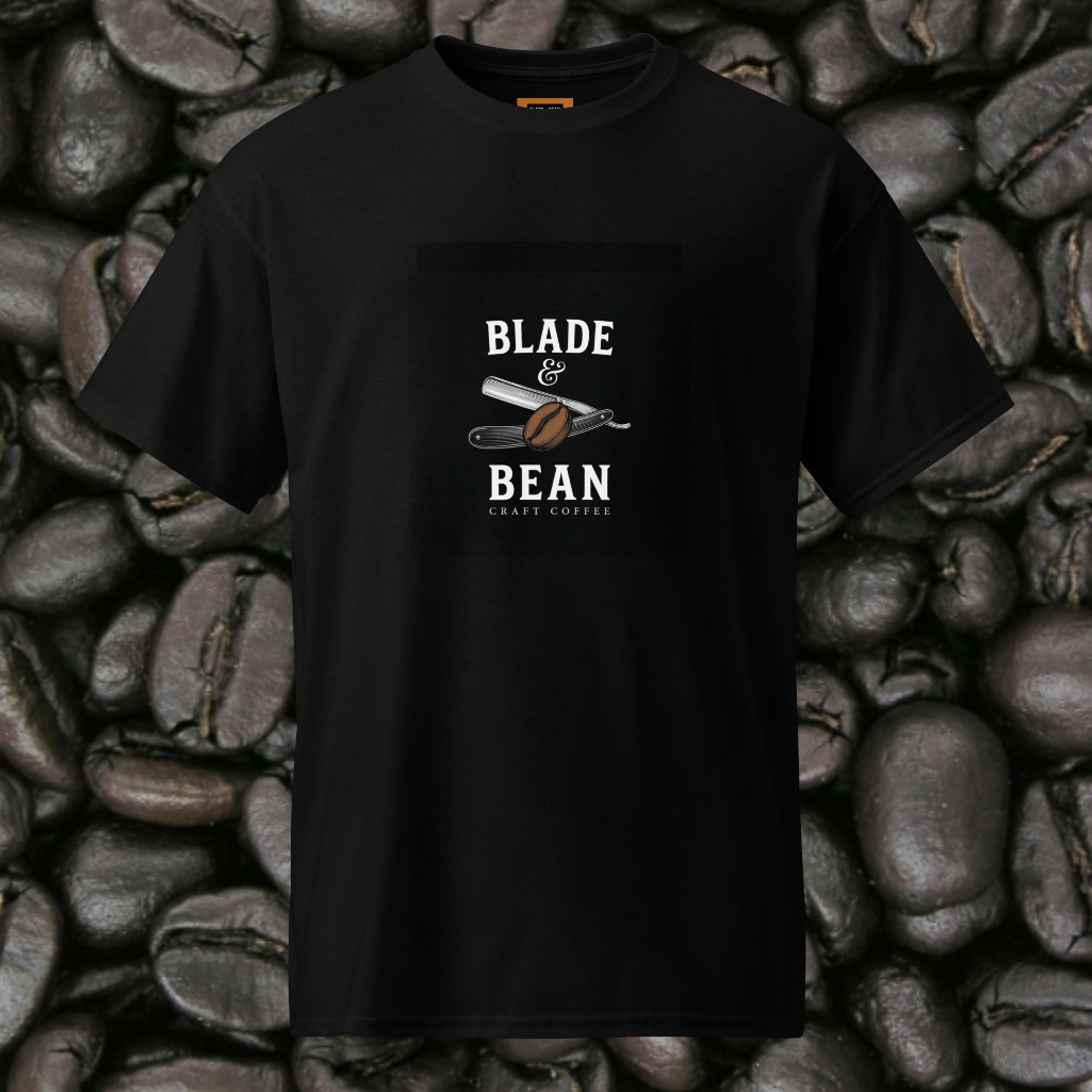 Black t-shirt with 'Blade & Bean' design on a background of coffee beans