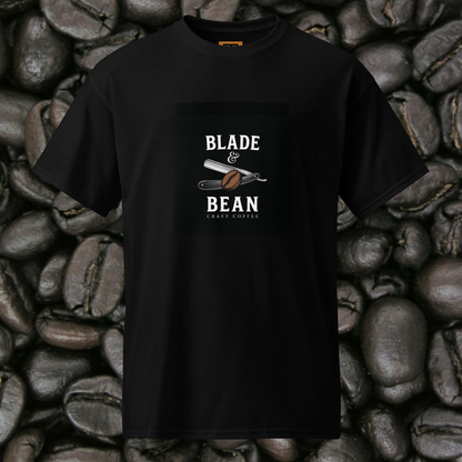 Black t-shirt with 'Blade & Bean' design on a background of coffee beans