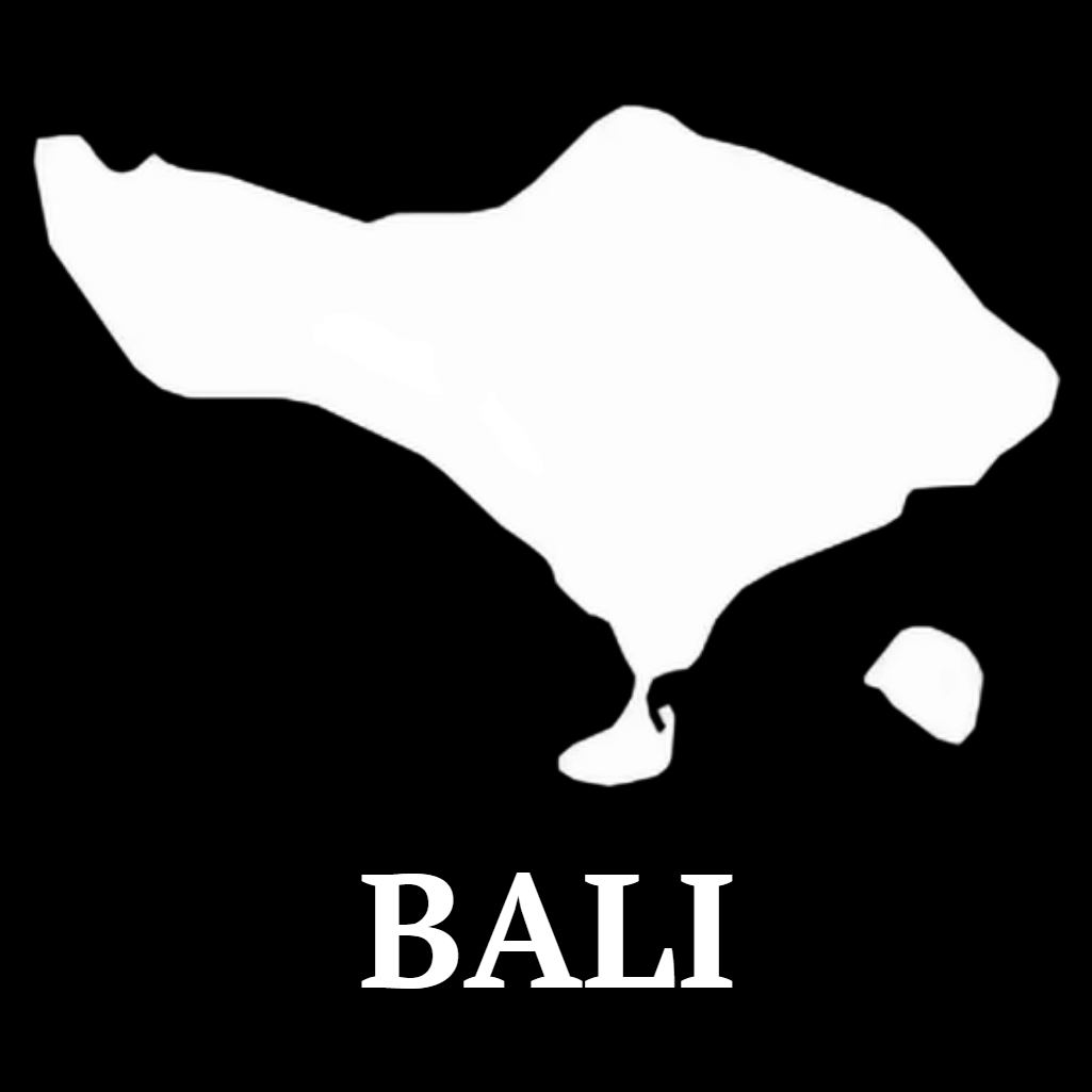 White silhouette of Bali on a black background with 'BALI' text.