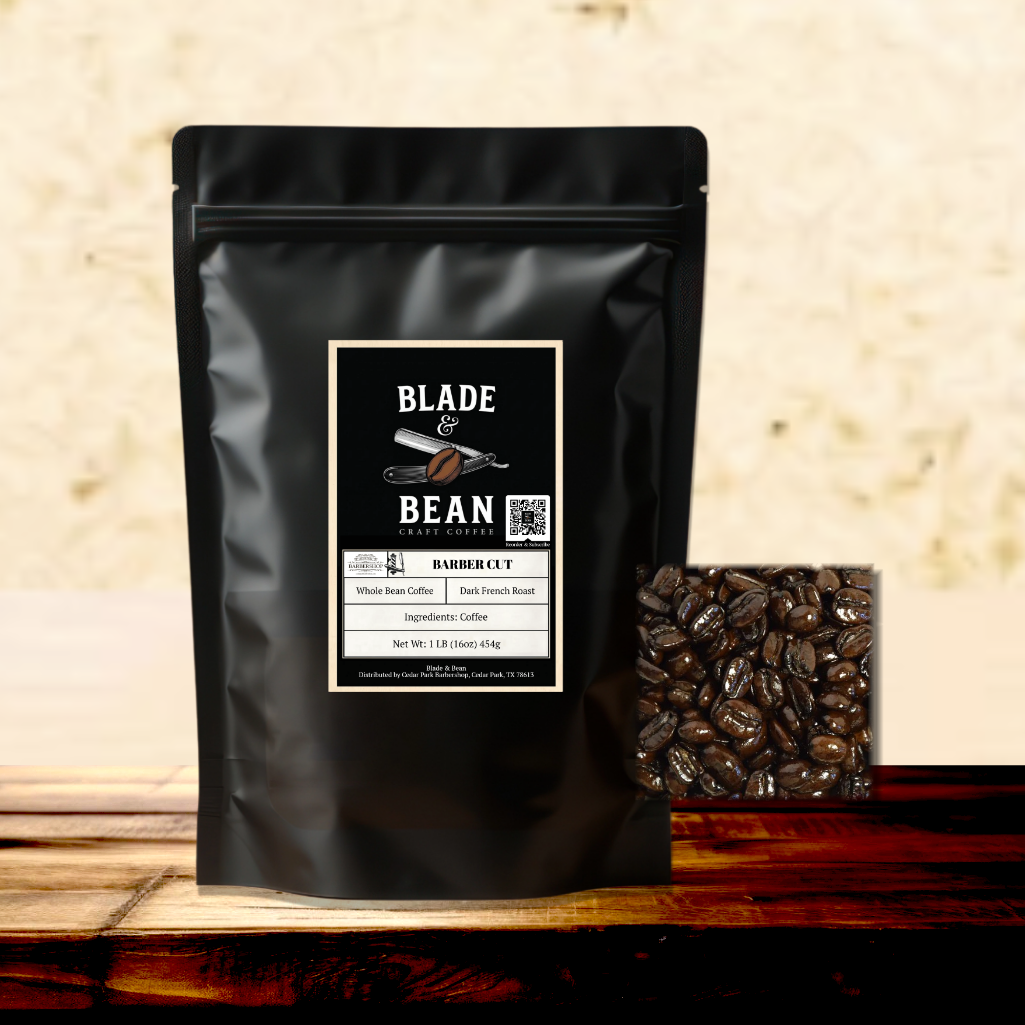 Black coffee packaging with 'Blade & Bean' label on a wooden surface