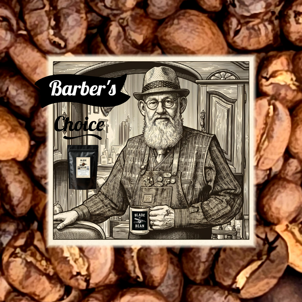 A coffee bag product graphic centered over an illustrated vintage barber scene, with the text 'Barber's Choice' and a visible coffee pouch labeled 'Barber's Choice Coffee'. The background is filled with roasted coffee beans.
