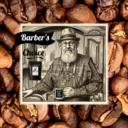 A coffee bag product graphic centered over an illustrated vintage barber scene, with the text 'Barber's Choice' and a visible coffee pouch labeled 'Barber's Choice Coffee'. The background is filled with roasted coffee beans.