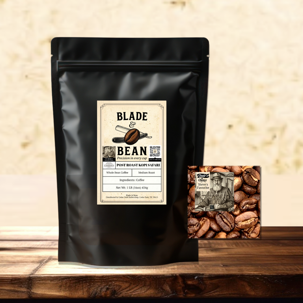 A black stand-up coffee bag labeled Blade & Bean Post Roast Coffee Roasted sits on a wooden surface against a textured beige wall, with a small square coffee bean pack placed beside it.