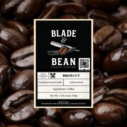 Coffee label for 'Blade & Bean' with coffee beans in the background