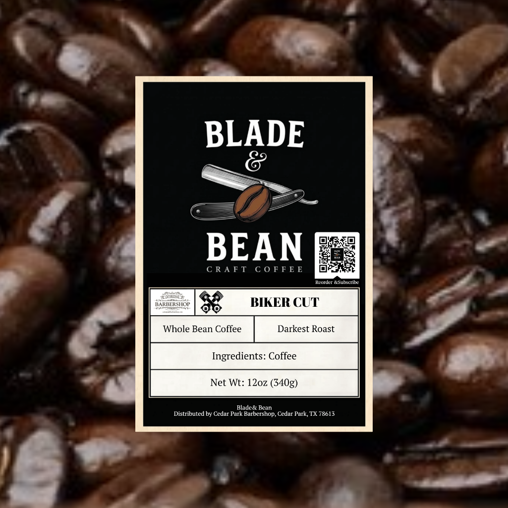 Coffee label with 'Blade & Bean' branding on a background of coffee beans