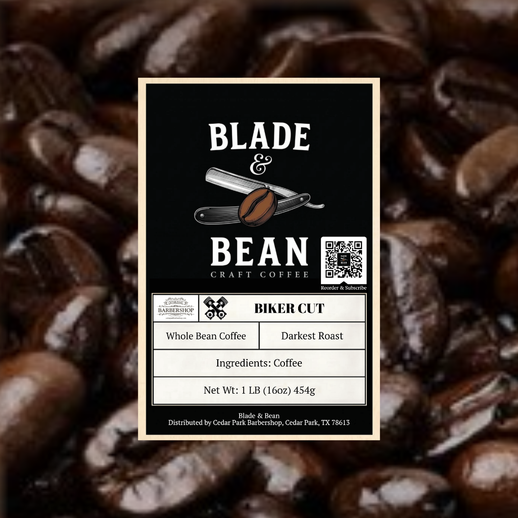 Coffee label with 'Blade & Bean' branding on a background of coffee beans