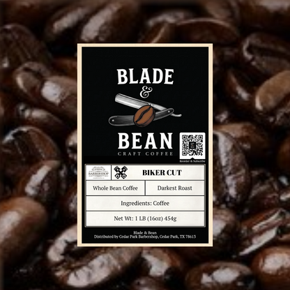 Coffee label with 'Blade & Bean' branding on a background of coffee beans