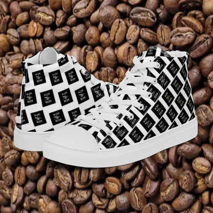 Black and white patterned sneakers on a background of coffee beans