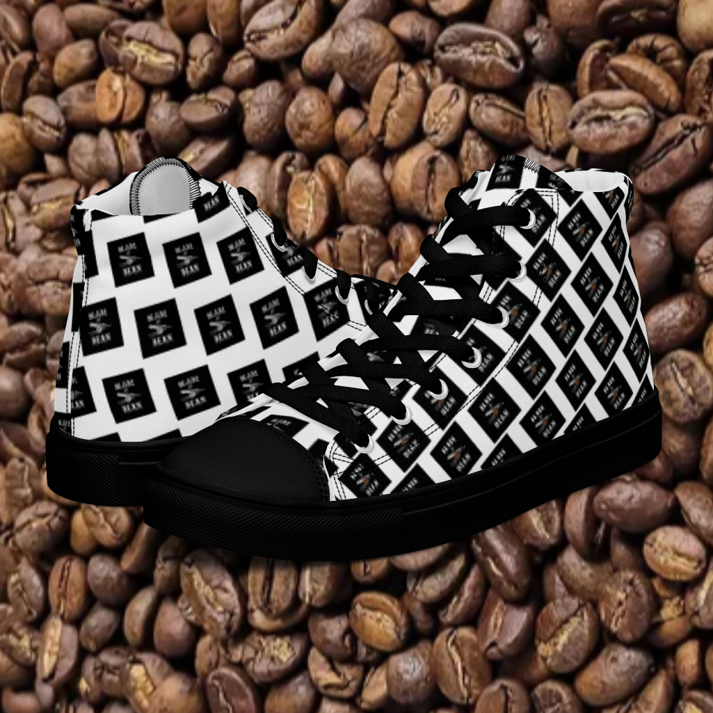 Black and white checkered sneakers on a background of coffee beans