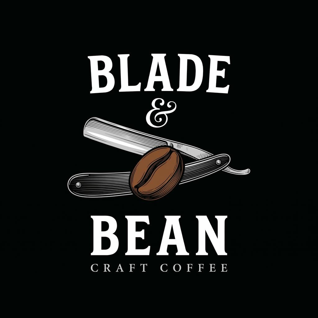 Logo of Blade & Bean Craft Coffee with a coffee bean and a razor on a black background.