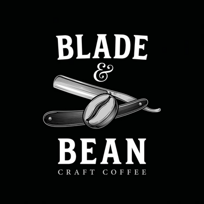 Logo of Blade & Bean Craft Coffee with a coffee bean and a razor on a black background. This is their Black Label.