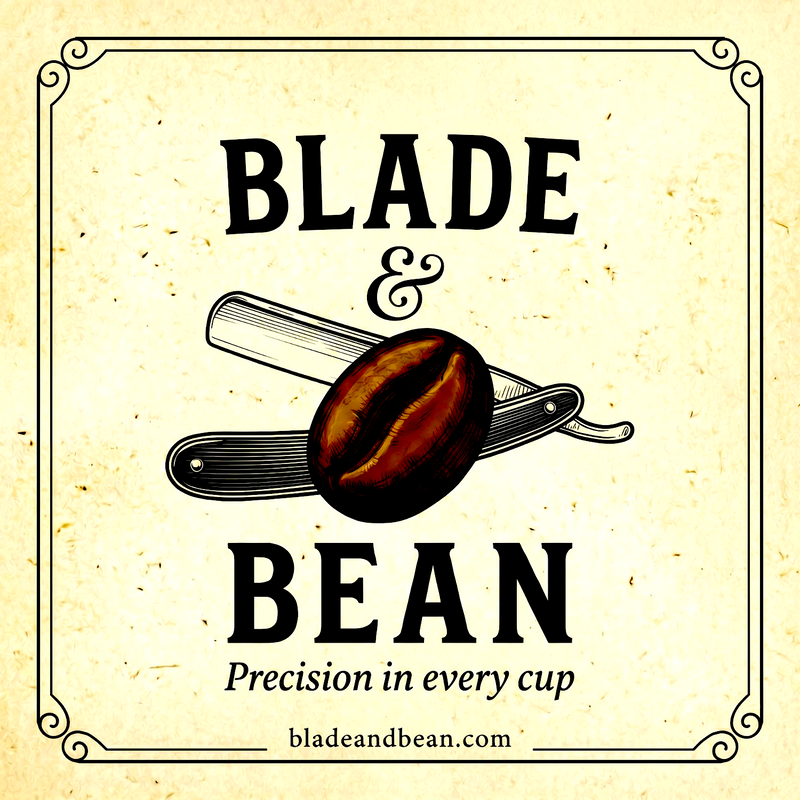 Logo of Blade & Bean with a coffee bean and knife on a textured craft background