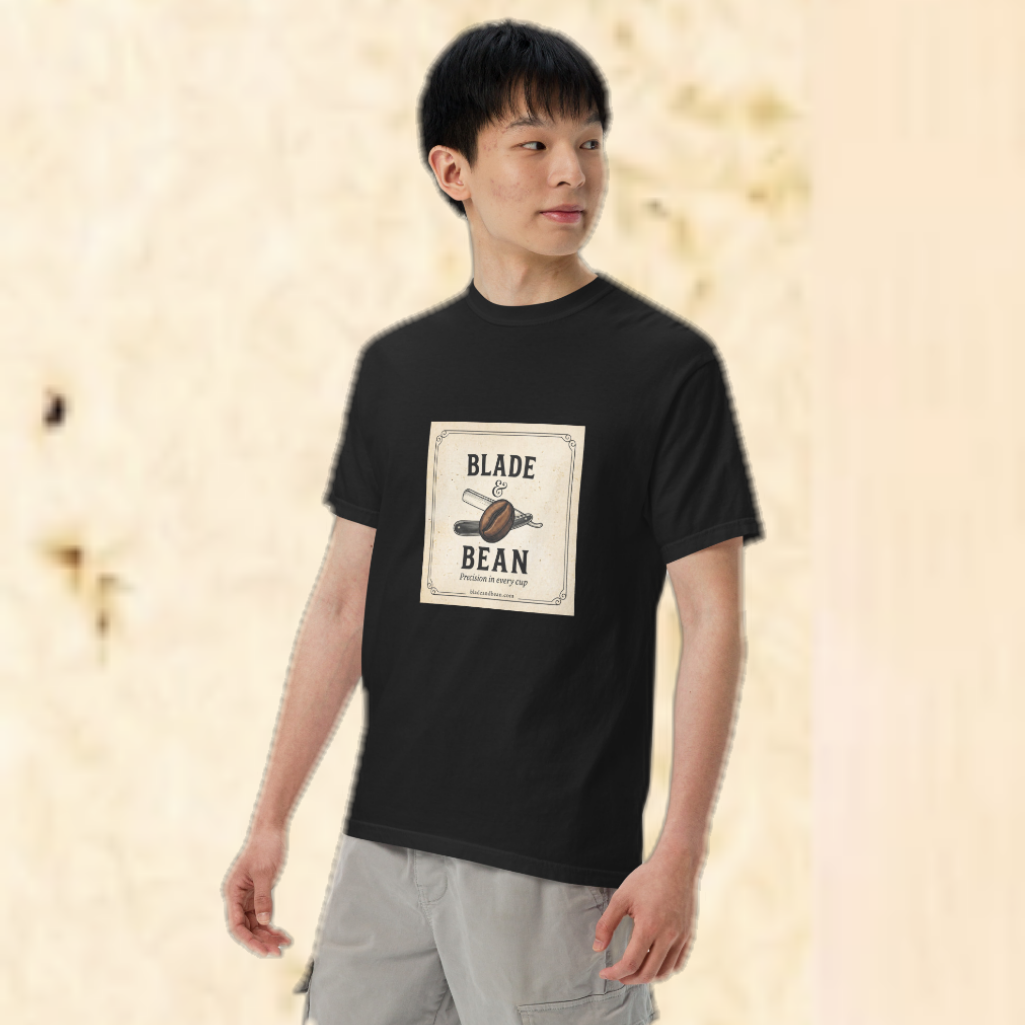 Person wearing a black t-shirt with 'Blade & Bean' logo on a beige background