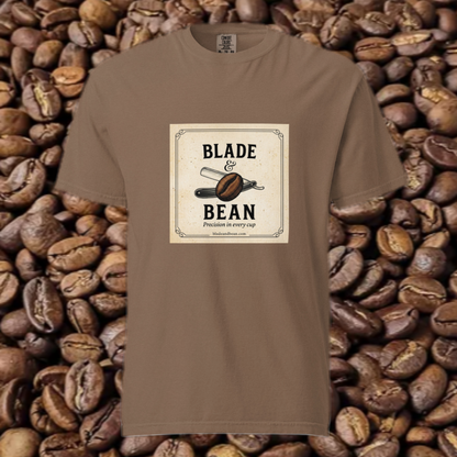 Brown t-shirt with 'Blade & Bean' logo on a background of coffee beans