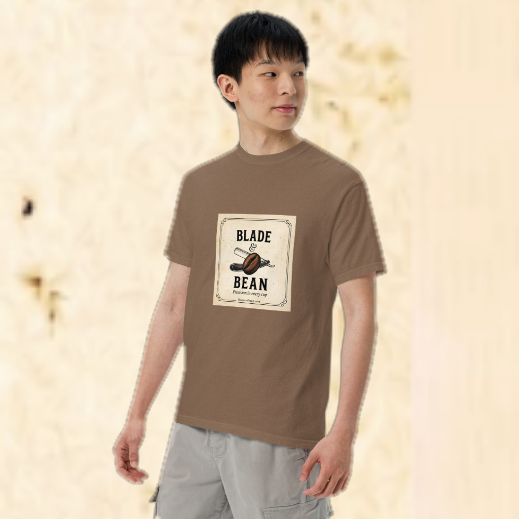Person wearing a brown t-shirt with 'Blade & Bean' logo on a beige background