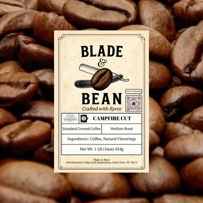 Blade & Bean coffee label on a background of roasted coffee beans