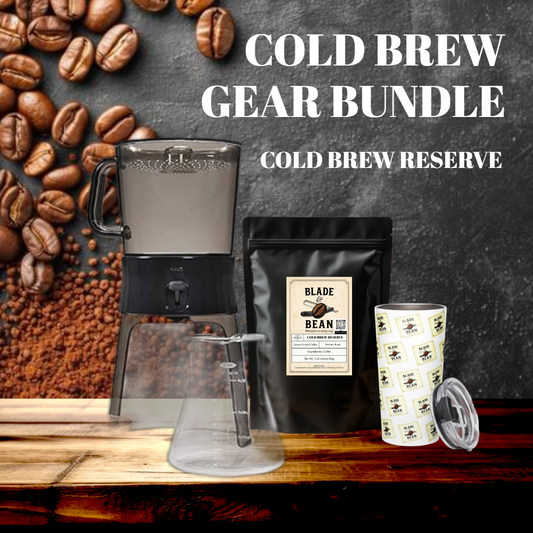 Cold brew gear bundle with coffee maker, coffee beans, and packaging on a wooden surface.