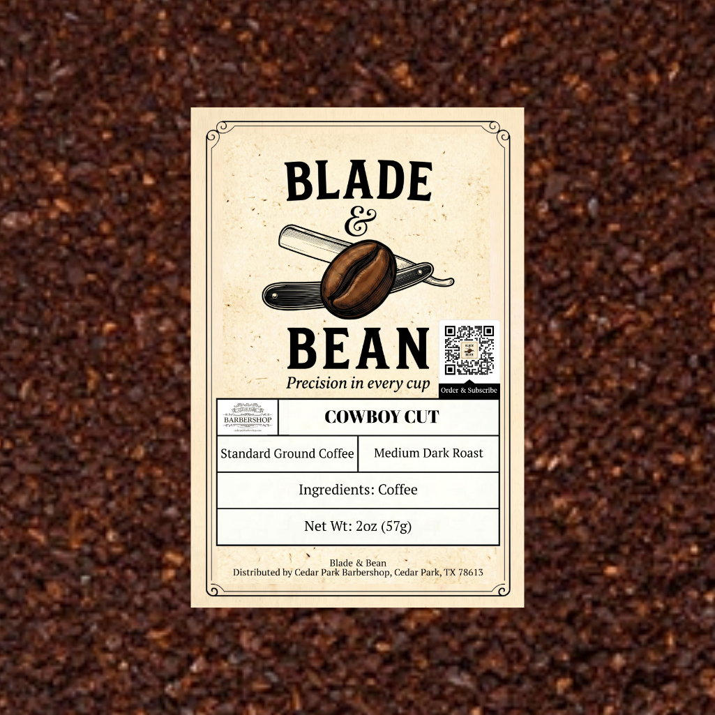 Coffee label for 'Blade & Bean' on a coffee grounds background