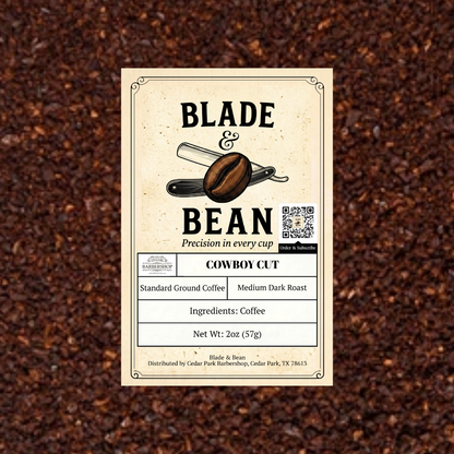 Coffee label for 'Blade & Bean' on a coffee grounds background