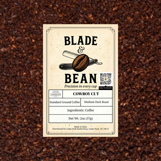 Coffee label for 'Blade & Bean' on a coffee grounds background