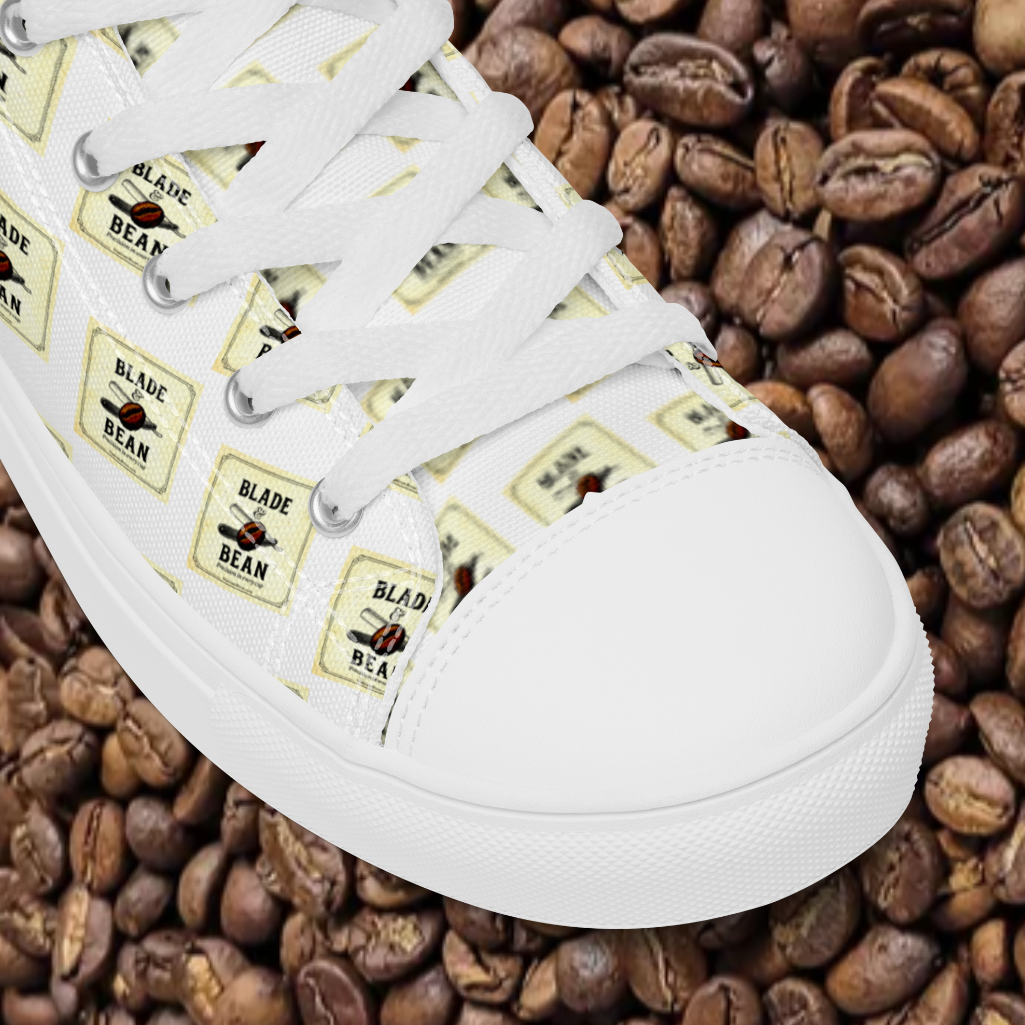 White sneaker with a pattern of small labels on a white background