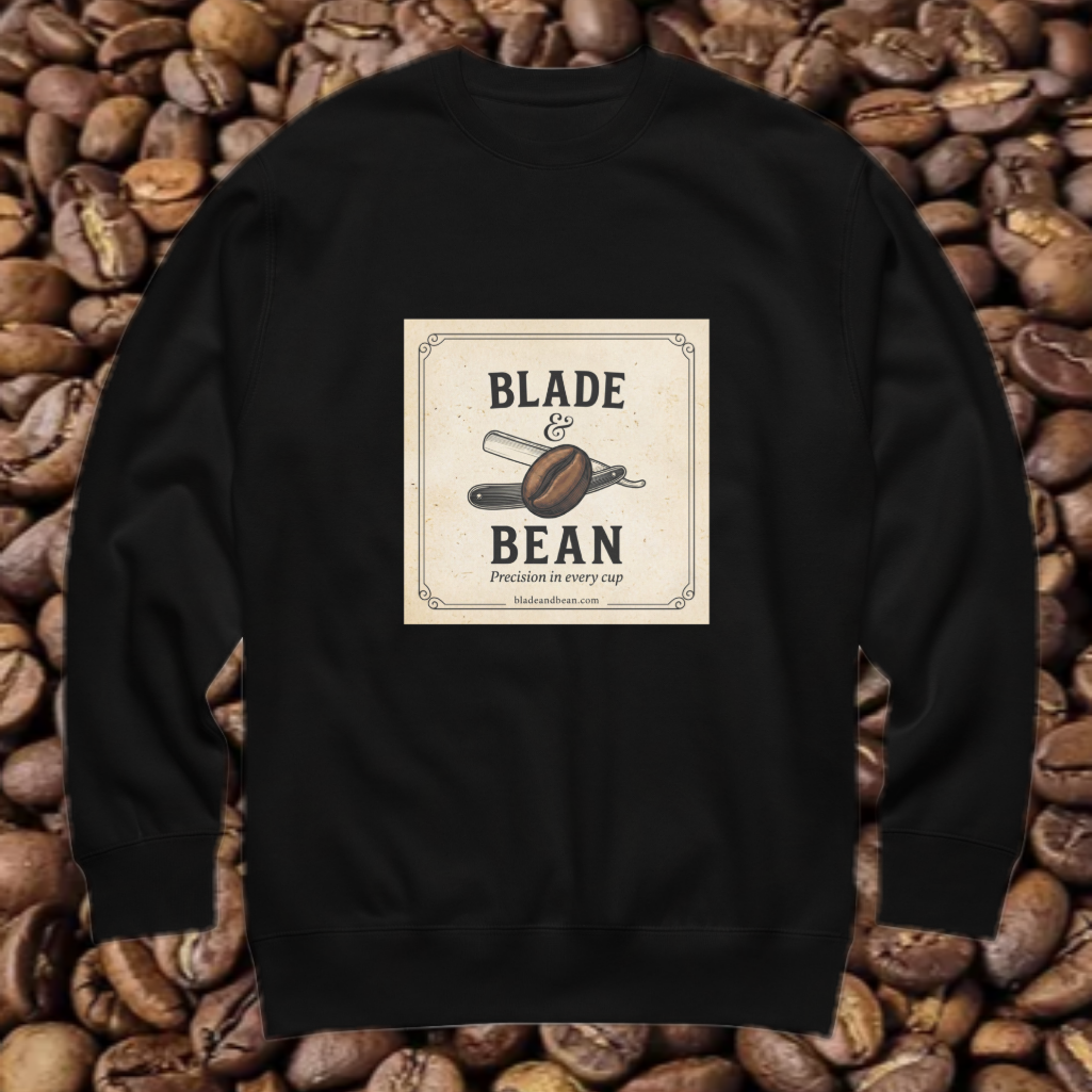 Black sweatshirt with 'Blade & Bean' design on a background of coffee beans
