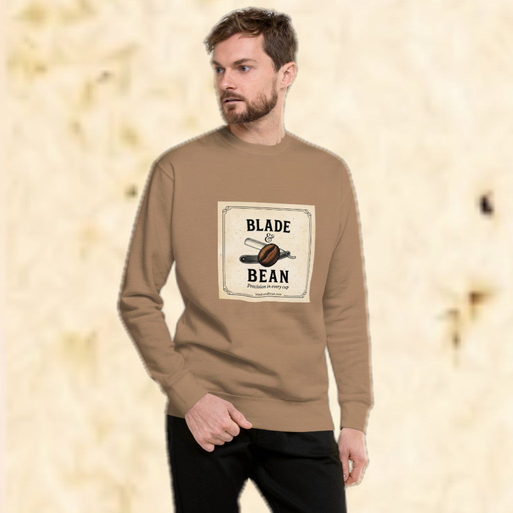 Man wearing a brown sweatshirt with 'Blade & Bean' logo against a beige background