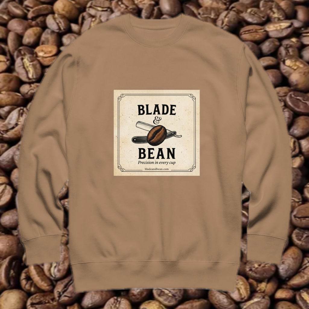 Brown sweatshirt with 'Blade & Bean' logo on a background of coffee beans
