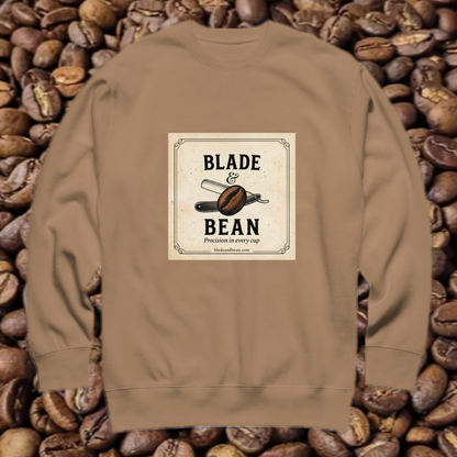 Brown sweatshirt with 'Blade & Bean' logo on a background of coffee beans