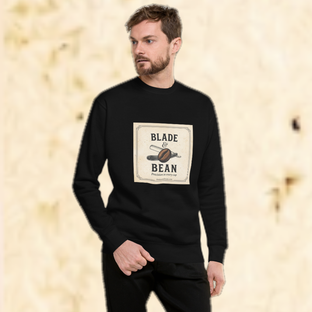 Man wearing a black sweatshirt with 'Blade & Bean' logo against a beige background