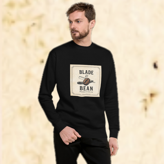 Man wearing a black sweatshirt with 'Blade & Bean' logo against a beige background