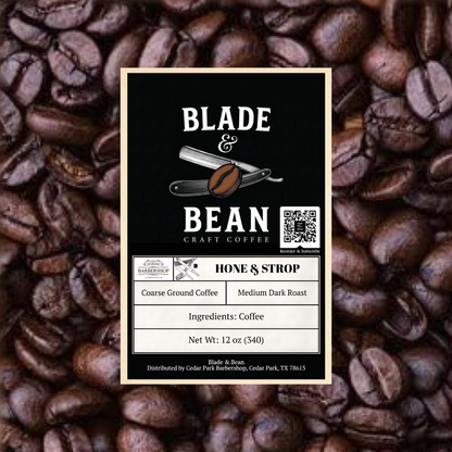 Coffee label for Blade & Bean craft coffee on a background of coffee beans