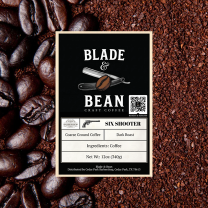 Coffee label for 'Blade & Bean' on a background of coffee beans and grounds